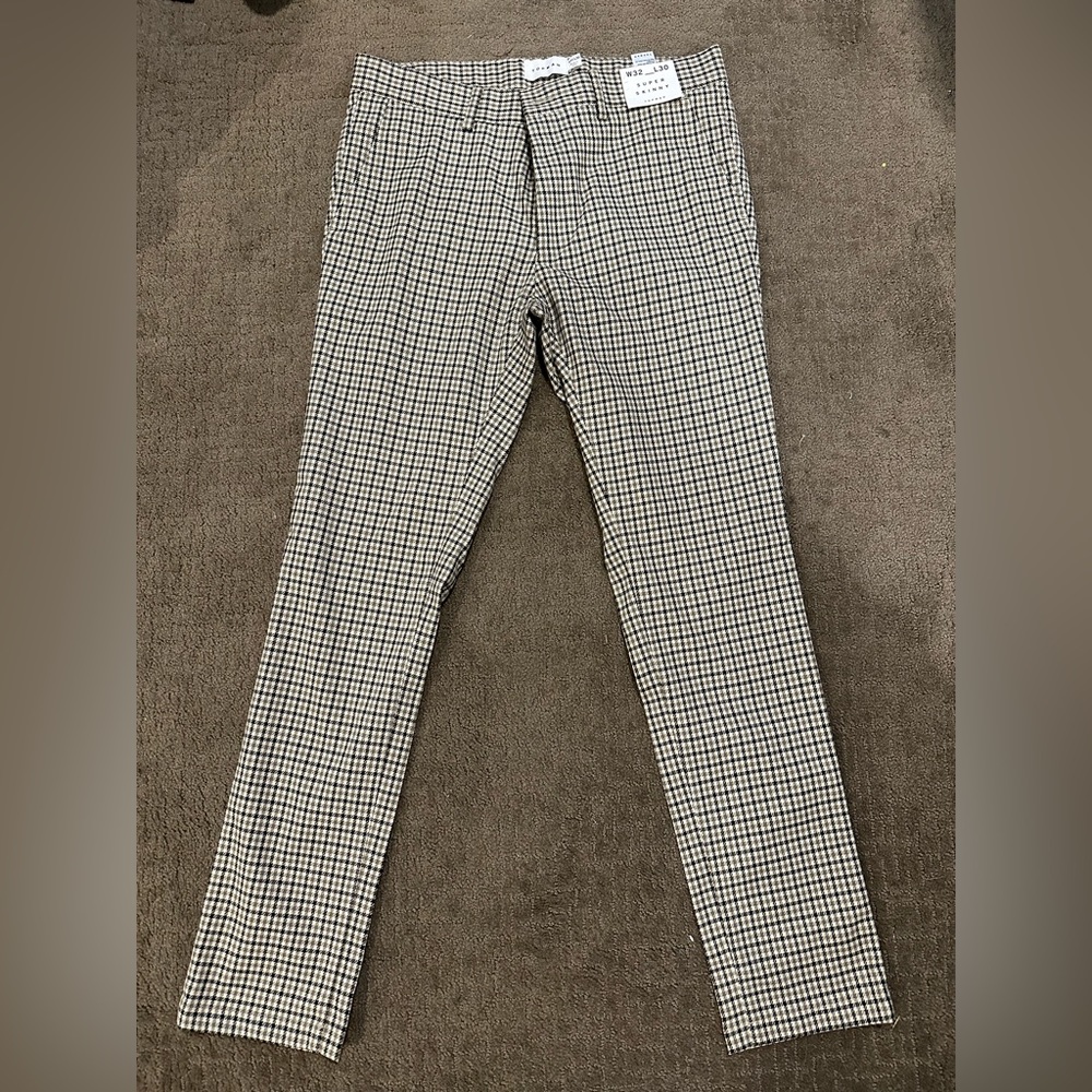 NEW Men fashion super skinny dress pants plaid 32W x 30L trousers